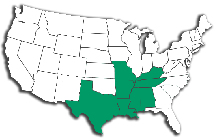 Arkansas, Alabama, Texas, Oklahoma, Missouri, Kentucky, Tennessee.